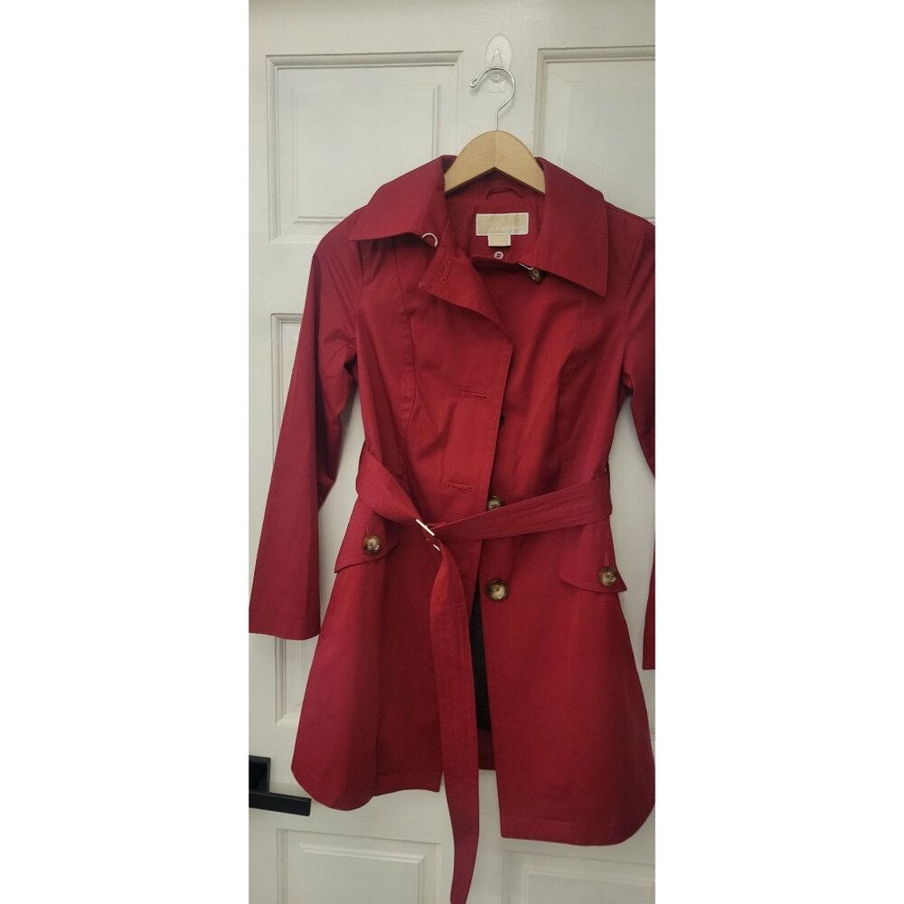Womens Red Trench Coat With Belt & Button Closure Removable Lining Michael Kors